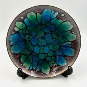 Vintage Win Ng Enamel Plate: Signed MCM Copper Dish Iridescent Blue Green